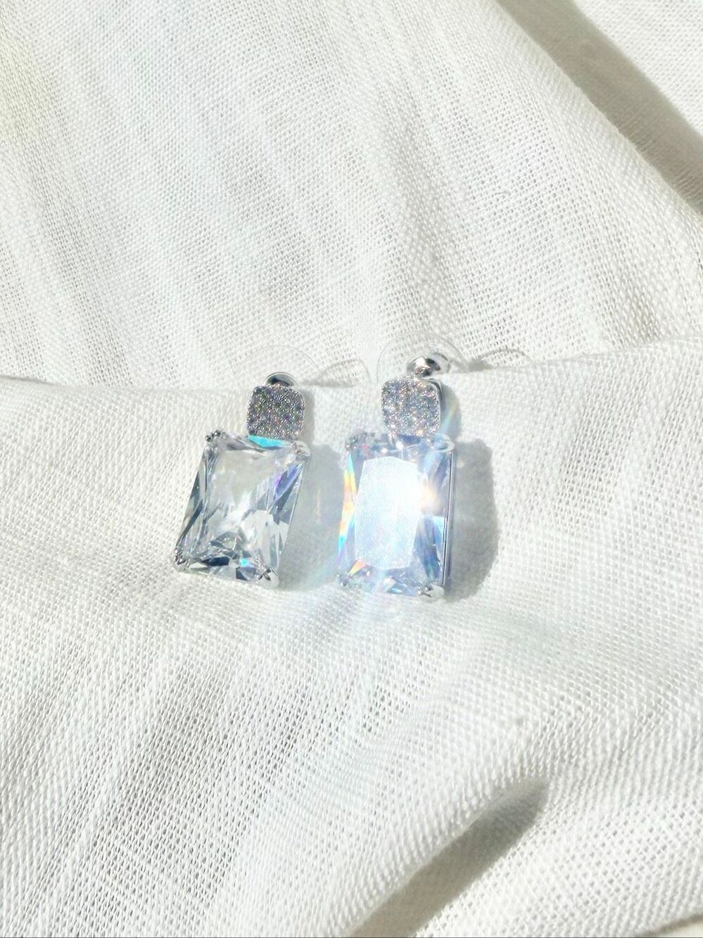 Cubic Zirconia Radiant Cut Drop Earrings Silver Tone Statement CZ
